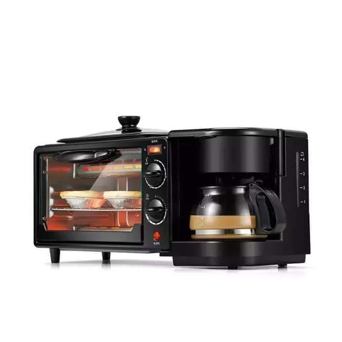 3-in-1 Multifunctional Electric Breakfast Machine– Coffee Maker, Toaster Oven & Non-Stick Griddle - Black