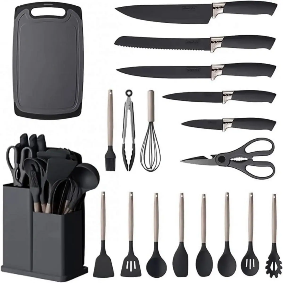 Silicone Kitchenware Set with Black Knives and Wooden Handles